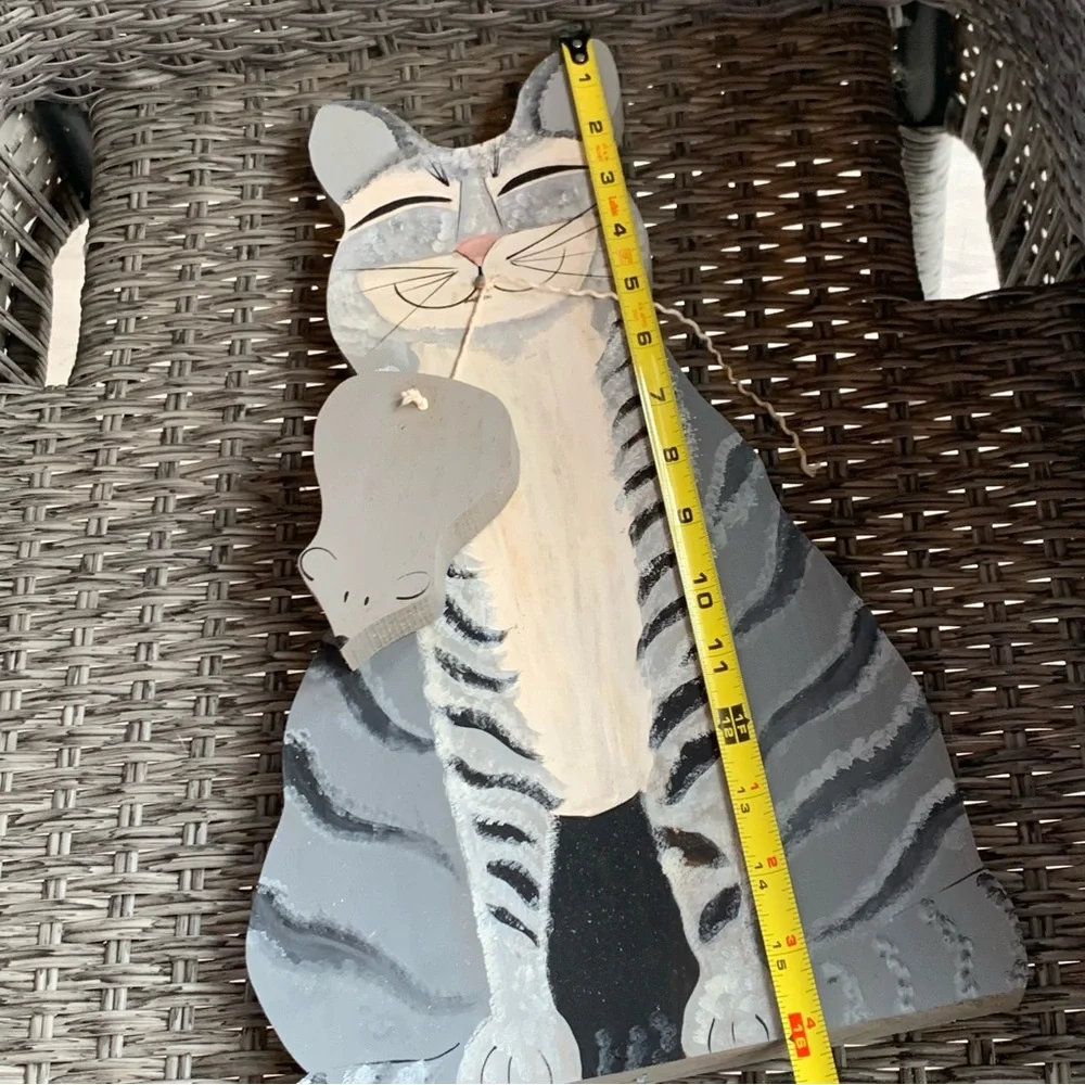 Vintage 90s Kitty Cat & Mouse Wall Hanger Handmade Wooden Folk Country Cottage